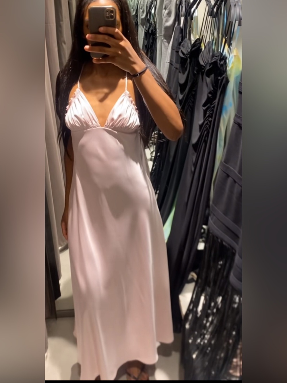 Zara Soft Pink Satin Slip Dress with Ruched Bust